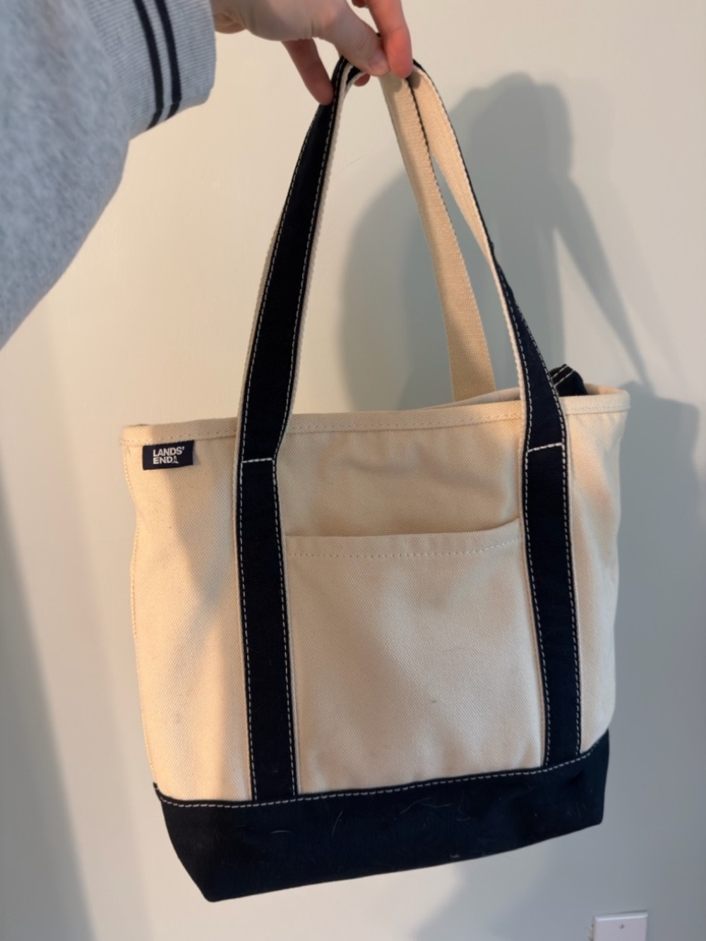 Lands' End Cream & Navy Canvas Tote Bag